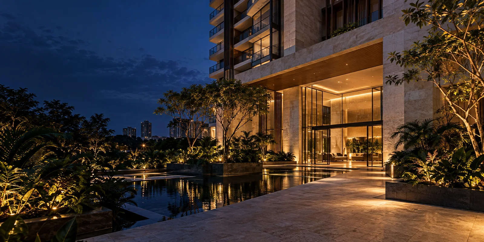 Edifício residencial entre jardins ao anoitecer. Imagem conceitual.